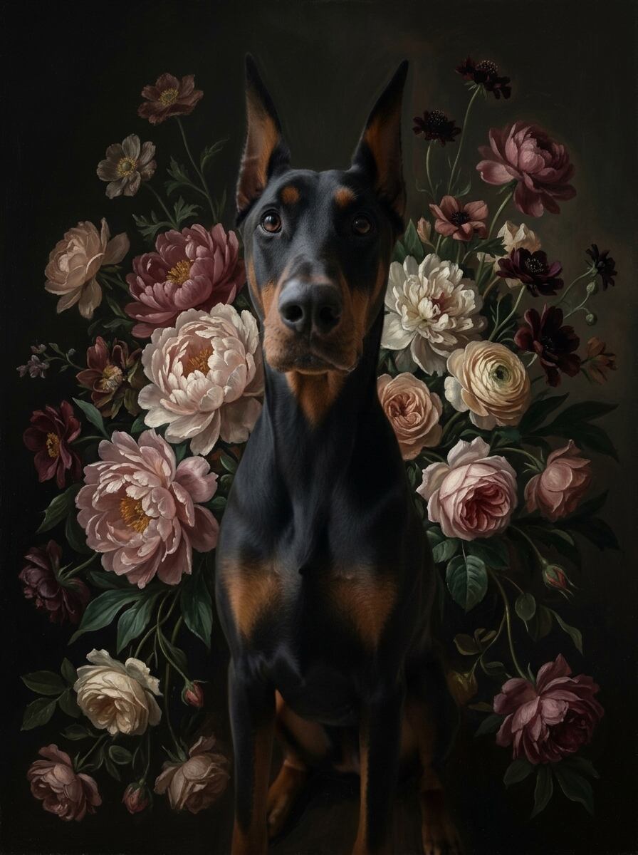 犬（ドーベルマン）の花に囲まれた油絵風アート A3額装インテリア