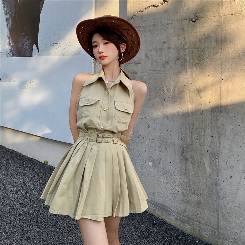 カジュアルレディースサマーホルタープリーツスカート 夏物 1号婦人36982257160