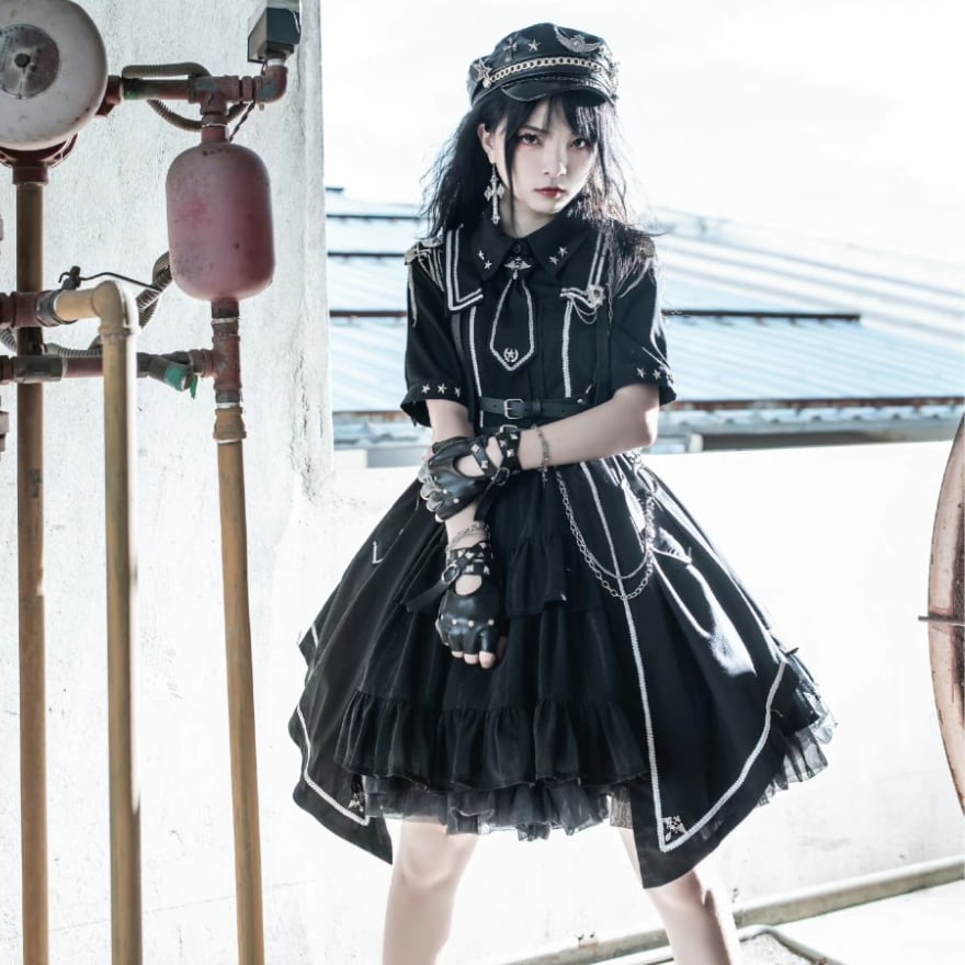 軍服ロリータワンピ 少女司令官 かっこいい ワンピ 半袖 レイヤード 制服 ミリタリー