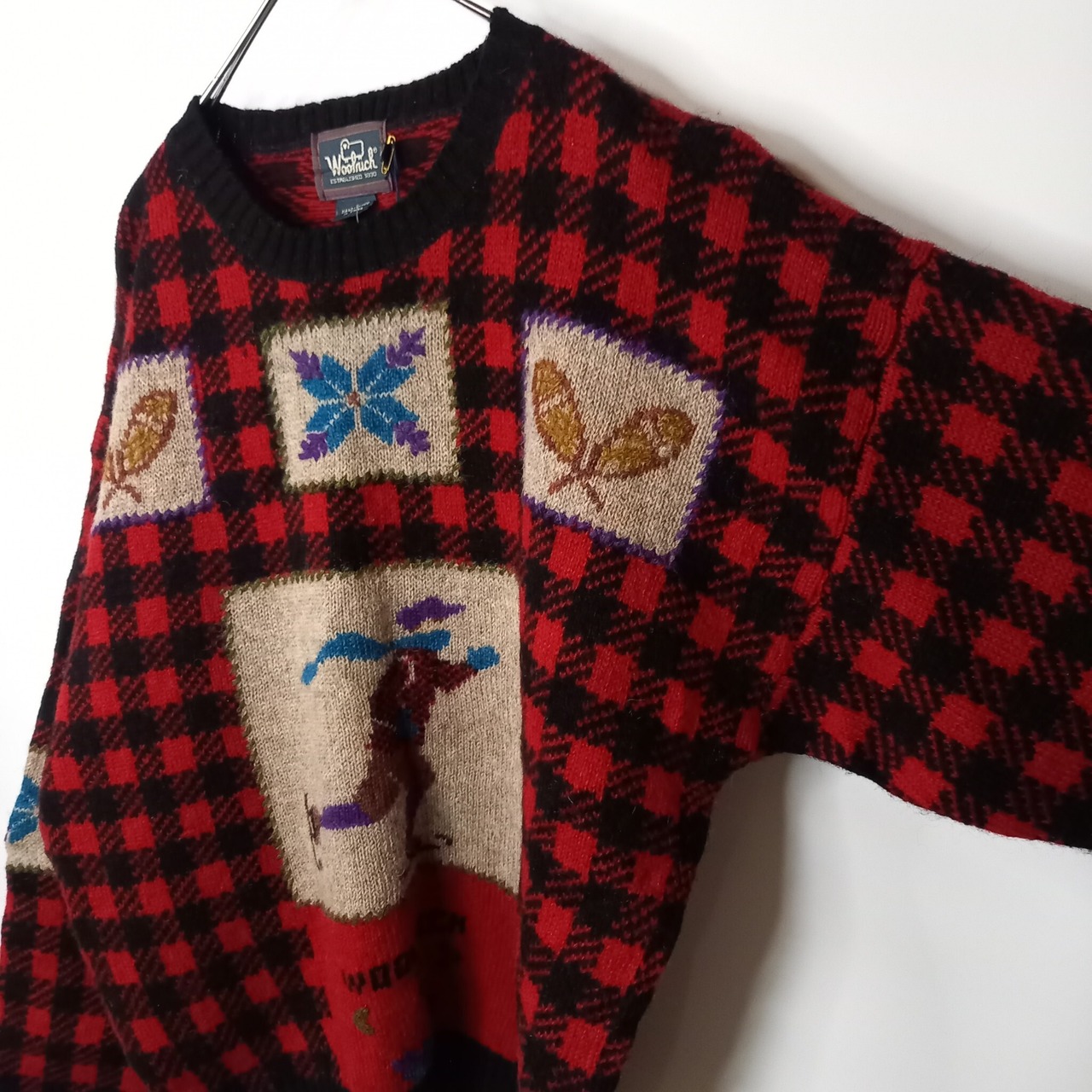 ウールリッチ　ハンドフレーム　3D　ウールニット　セーター　チェック　レッド　L