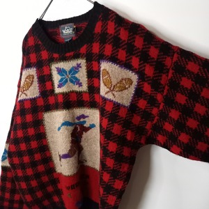 ウールリッチ　ハンドフレーム　3D　ウールニット　セーター　チェック　レッド　L
