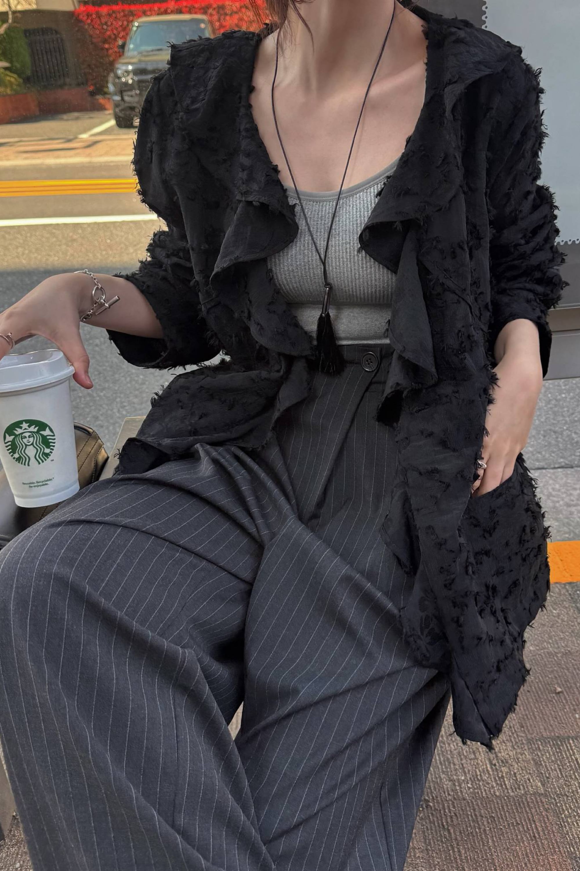 WILLFULLY jacquard sheer ruffle frill shirt JK ジャガードシアーフリルシャツジャケット Black