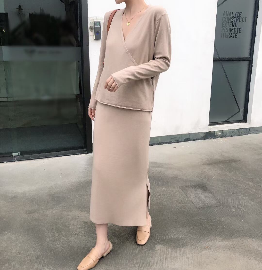 カシュクールトップス& Iラインスカート ニットセットアップ AJ1050-9055