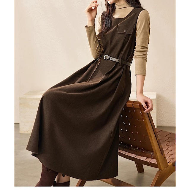 ベルト付き レイヤード風 Aライン ワンピース　YH9970