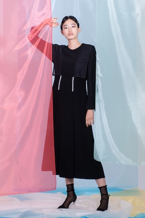 Pearl Lace BoxCollar Combi Dress　BLACK