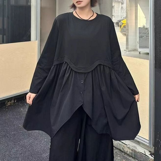 STITCH ROUND NECK A-LNE SHIRT HEM PULLOVER DESIGN TOP & SARROUEL PANTS 2colors M-14781