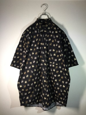 総柄 ボタンダウンアロハシャツ スクエア柄 モンステラ柄