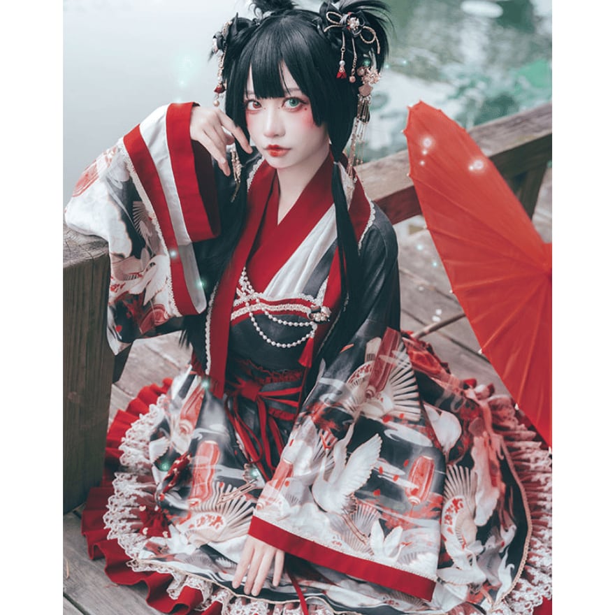 即納 黒Sサイズ】和ロリ 鶴と扇の和柄 ロリータ 着物風 JSK+羽織 豪華