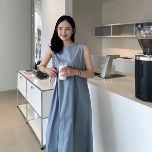 ワンピース ロング マキシ丈 袖なし ノースリーブ クルーネック ワイド Aライン 背中開き シンプル カジュアル 大人 おしゃれ こなれ感 ラフ ルーズ 抜け感 無地 夏 レディース 休日 普段使い 体系カバー フリーサイズ ネイビー ライトブルー