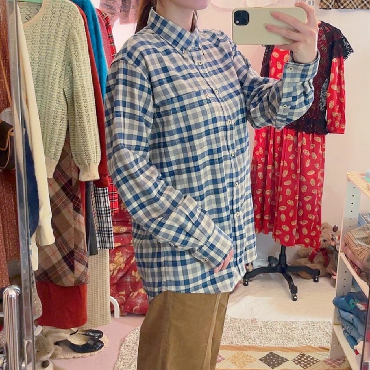blue green check flannel shirt