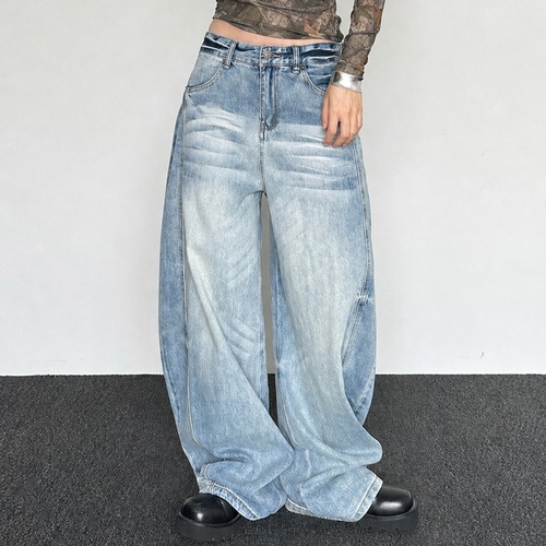 Washed volume denim pants A00008