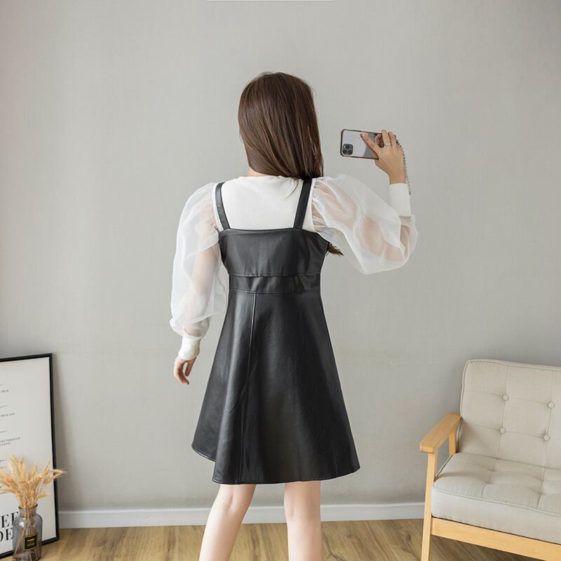 黒人女性のドレスPUレザー秋冬サスペンダードレスプラスサイズウエスト