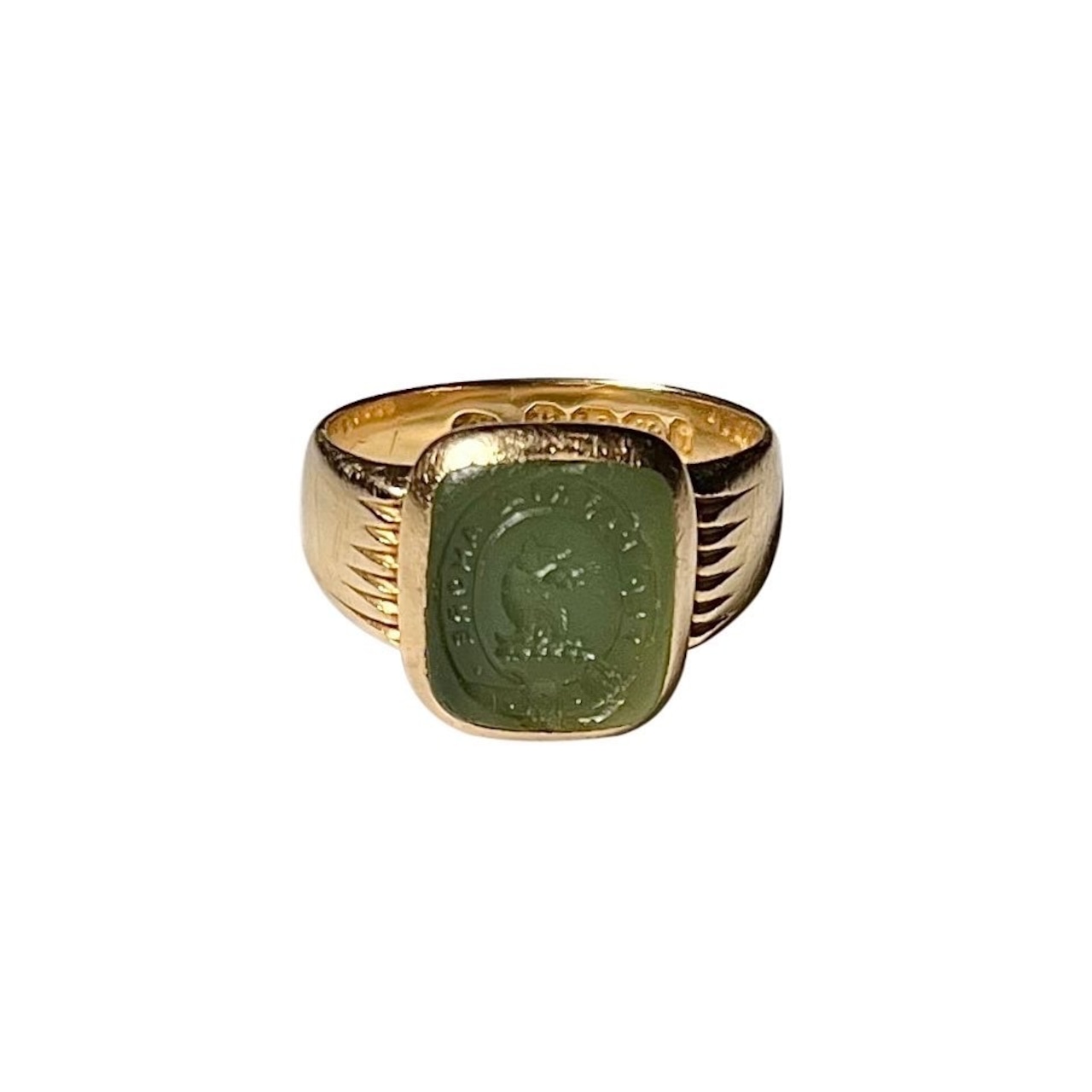 antique c1876 18ct gold intaglio ring set with chrysoprase " wolf's head "