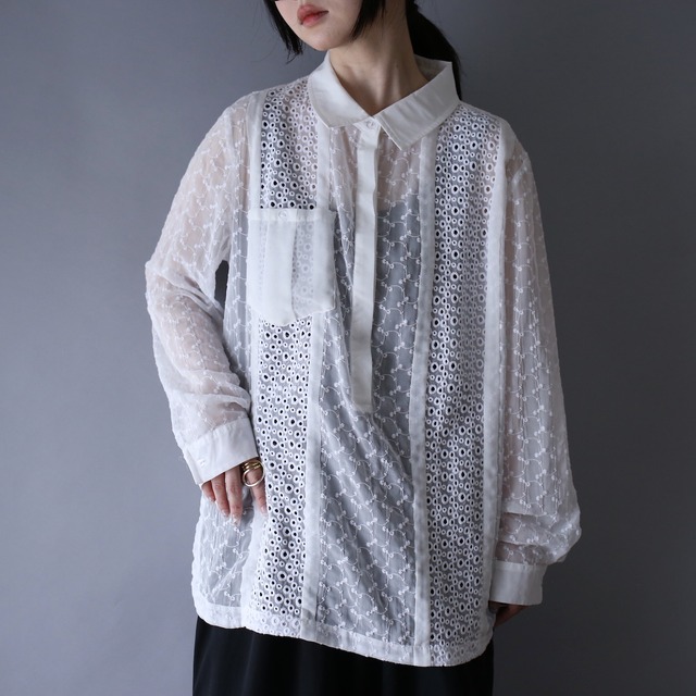 multi lace switching pattern half-button see-through shirt pullover