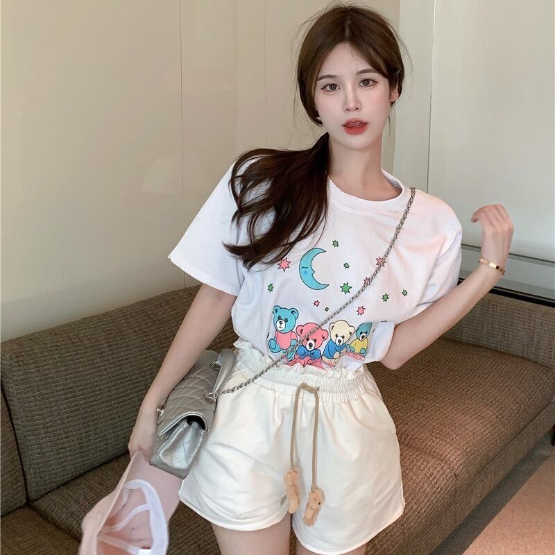 サマーTシャツ ギャザーウェストショーツ レディース 大人ガーリー スウィート キュート カジュアル 夏物 ブルマー YY-ファッション90991629592