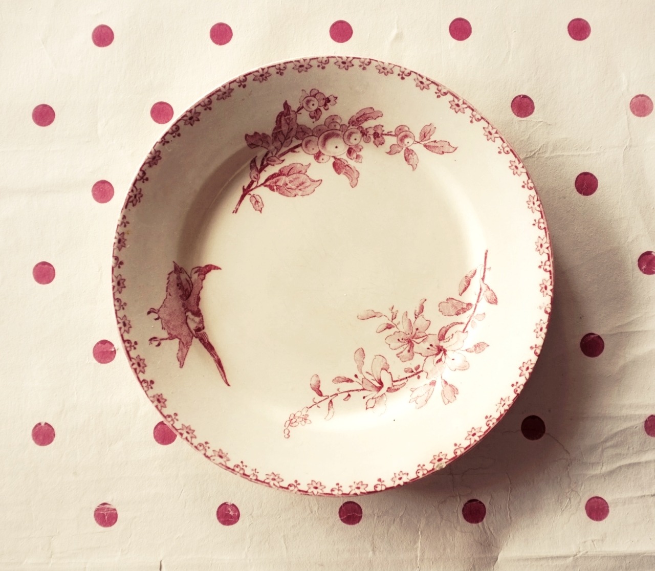 1890s~ Sarreguemines favori 薔薇色の小鳥と薔薇色の実とデザートプレート
