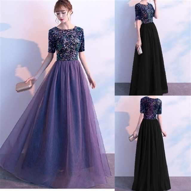 豪華な胸元スパンコール装飾にエレガントなメッシュレース重ねロングドレス