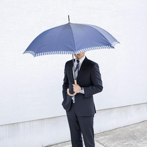 【紳士雨傘】槙田商店　長傘（日本製）甲州織 高級 　（日本製）　Plain×Stripe　　NAVY　mk-06