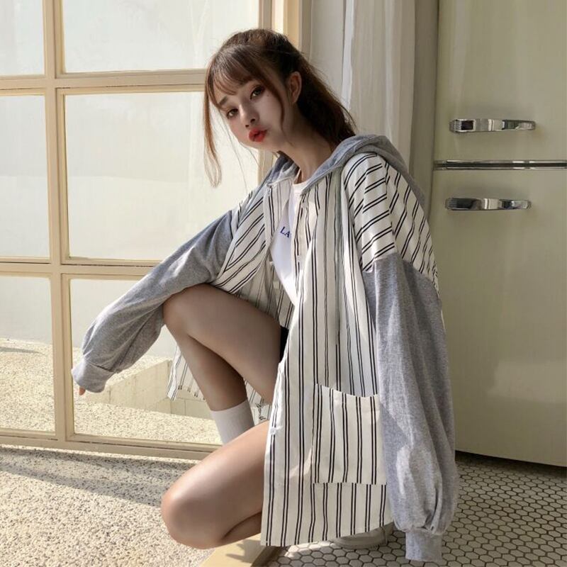 ジャケット スプリングオータムストライプフードシャツ ルーズカーディガン 春物 秋物 ステッチ 萌量不足59521339483