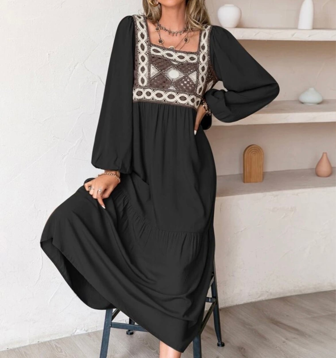 ♡*♡様 クロシェ ニットワンピース⌇black ボヘミアン クロシェ ニットワンピース⌇black ボヘミアン Bab（バブ）の「【WEB