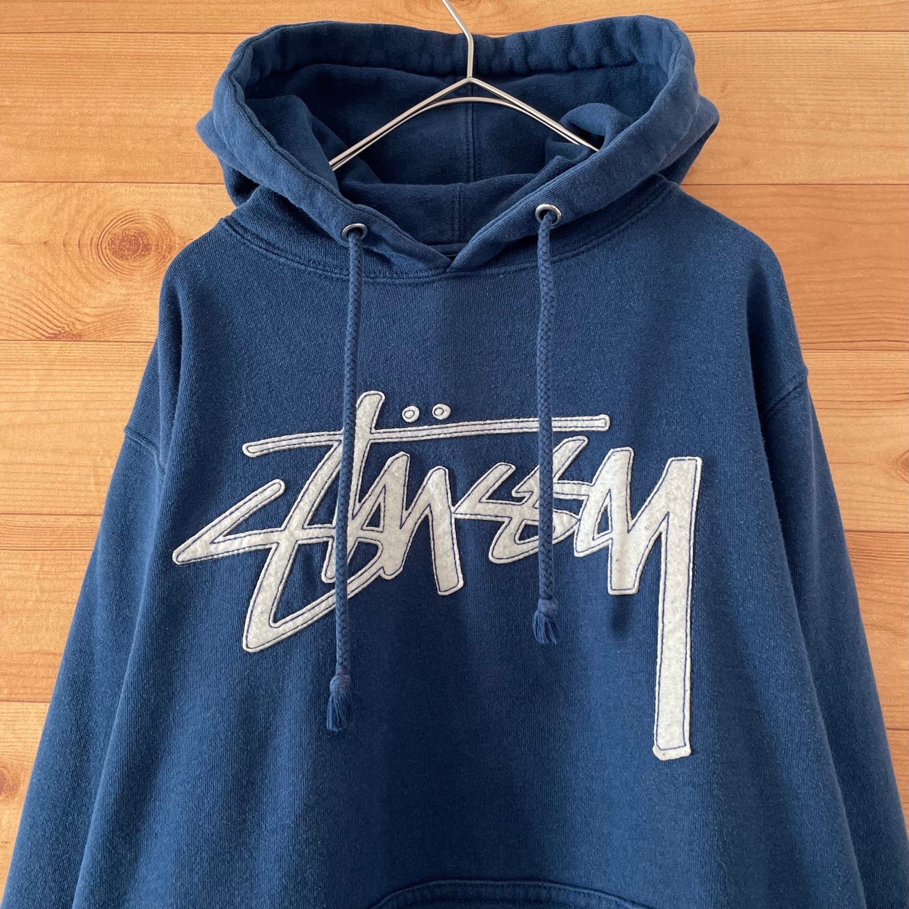 STUSSY】USA製 黒タグ スウェット パーカー 刺繍ロゴ Sサイズ ネイビー