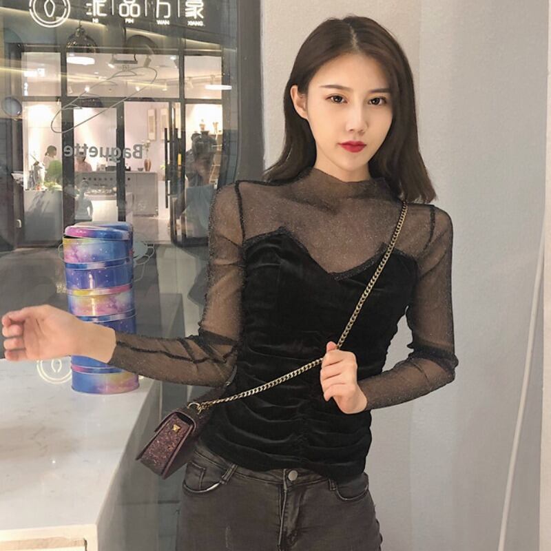 スタンダード薄手レディーススプリングメッシュゴールドベルベットシャツ レトロ 春物 ステッチ YY-ファッション1706891155