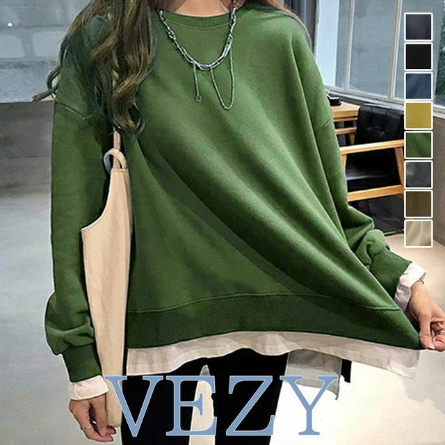 レイヤード風 スウェットトレーナー 春秋 重ね着風 オーバーサイズ トップス 無地 長袖クルーネック プルオーバーゆったりカットソー 韓国風体型カバー パーカー トレーナー ベジー VEZY ItemNo.【18447434 】