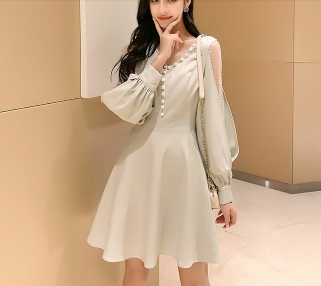 ワンピース 袖シースルー ドット 無地 セクシー 長袖 Vネック 透け感 膝上丈 フロントボタン フレア Aライン パーティードレス レディース 大きいサイズ Lalas