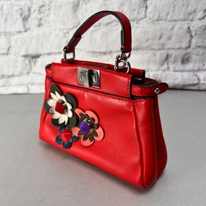 FENDI フェンディ ピーカブー フラワーモチーフ ２WAY レザー ショルダーバッグ 赤 A-13797