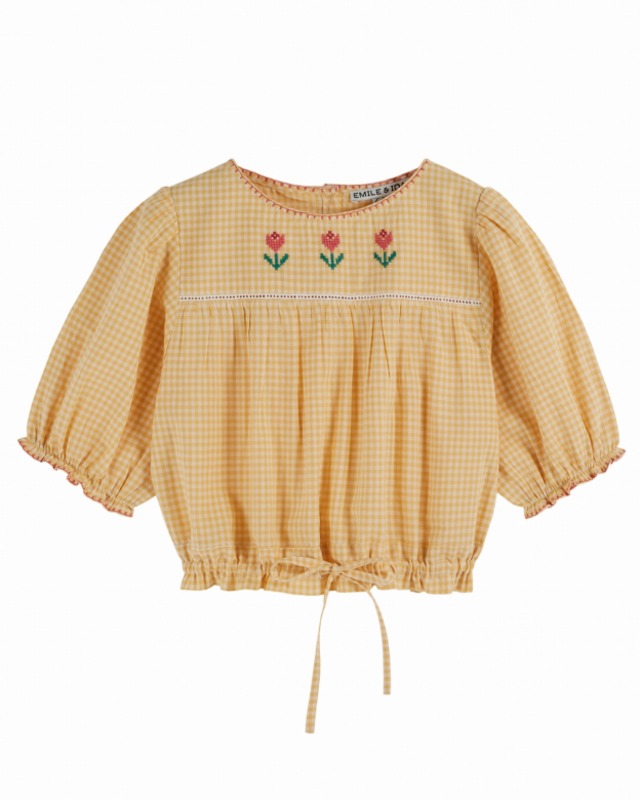 emile et ida/EMBROIDERED YELLOW CHECK BLOUSE