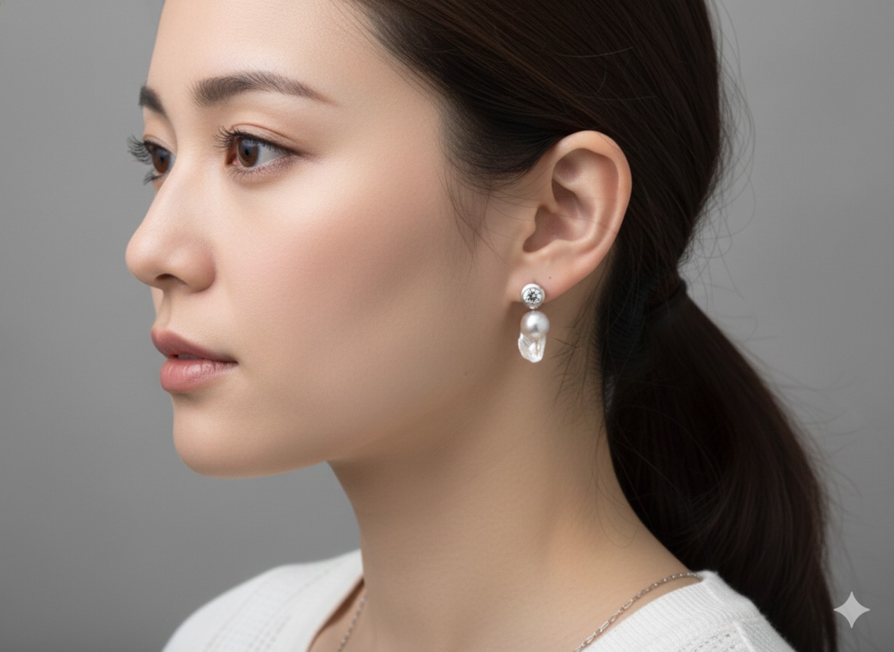 レインボームーンストーンとバロックパールのピアス