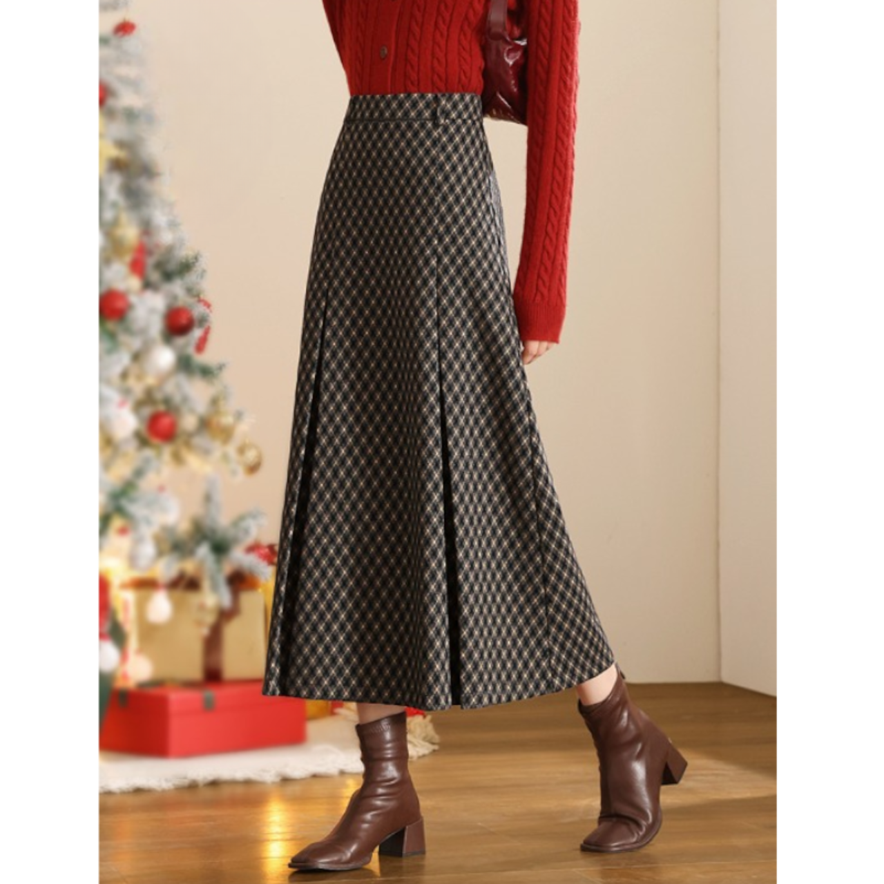 チェック柄 ボックスプリーツスカート W01100