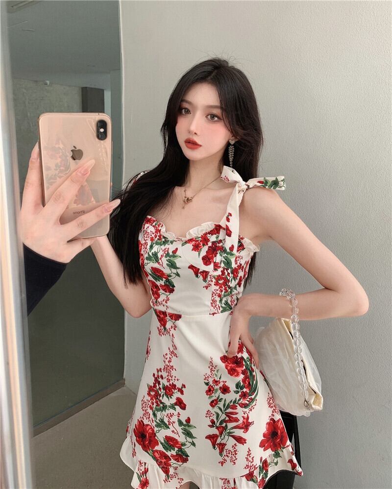 フローラルドレス サマースタイルショートスカート ウェスト 大人ガーリー スウィート キュート カジュアル 夏物 花柄 ピュア ヨーロピアン ブラックストロベリース52158216933