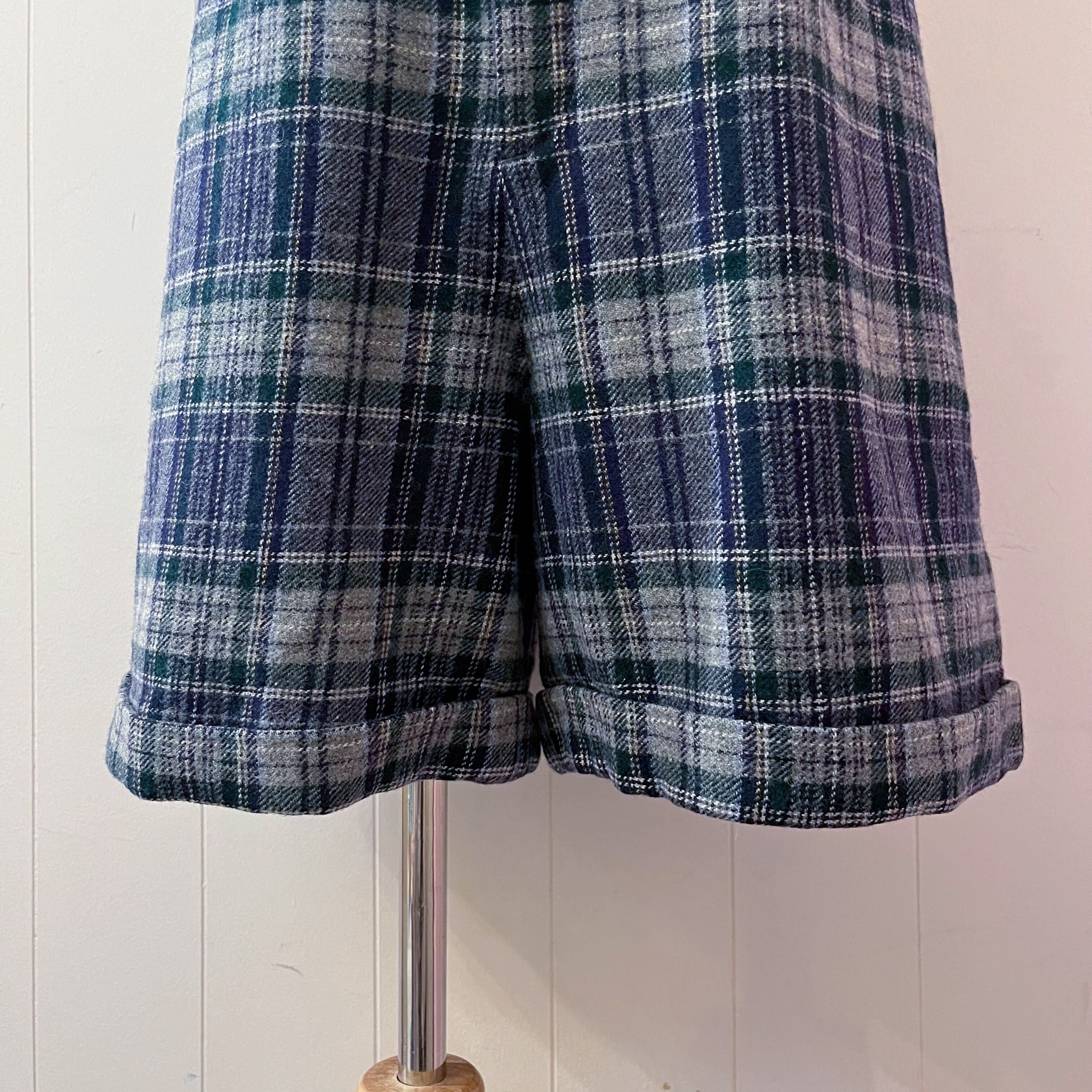 gold button blue check pants