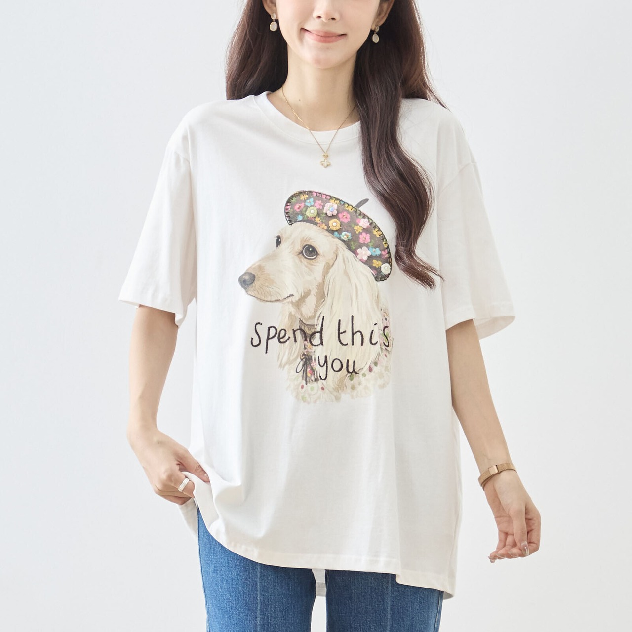 reve bleu フラワーベレー帽犬プリントTシャツ【M~L】ホワイト
