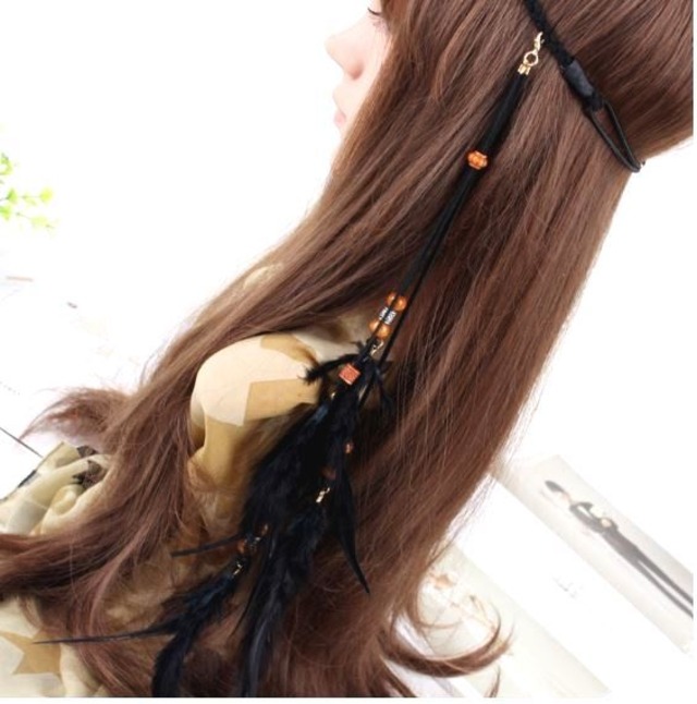ボヘンミアンヘアアクセサリー インディアンフェザーヘアバンド 黒 羽根髪飾り ｈathor ハトホル