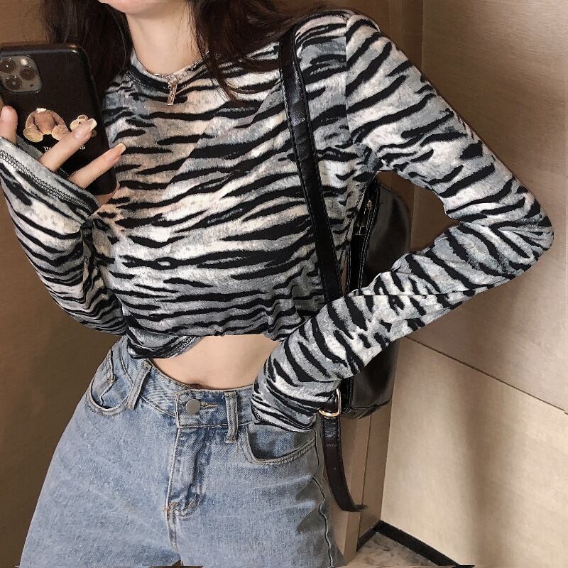 ウエストショートスリム長袖ゼブラ柄インナーボトミングシャツトップレディース2020秋新作タイトTシャツ ブラックストロベリース13332469516