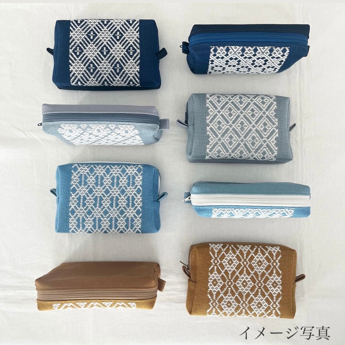 こぎん刺し×帆布 ボックスポーチ 水色 | カエコ手芸店