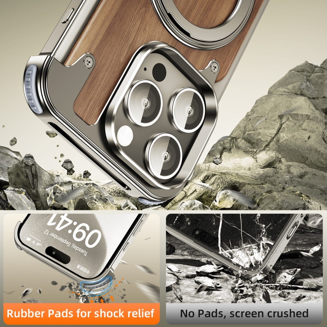 ◆iPhone 16/15/14/Pro/Pro Max◆ Walnut Wood × Metal Magnetic Phone Case / ウォルナット×メタル マグネット スマホケース