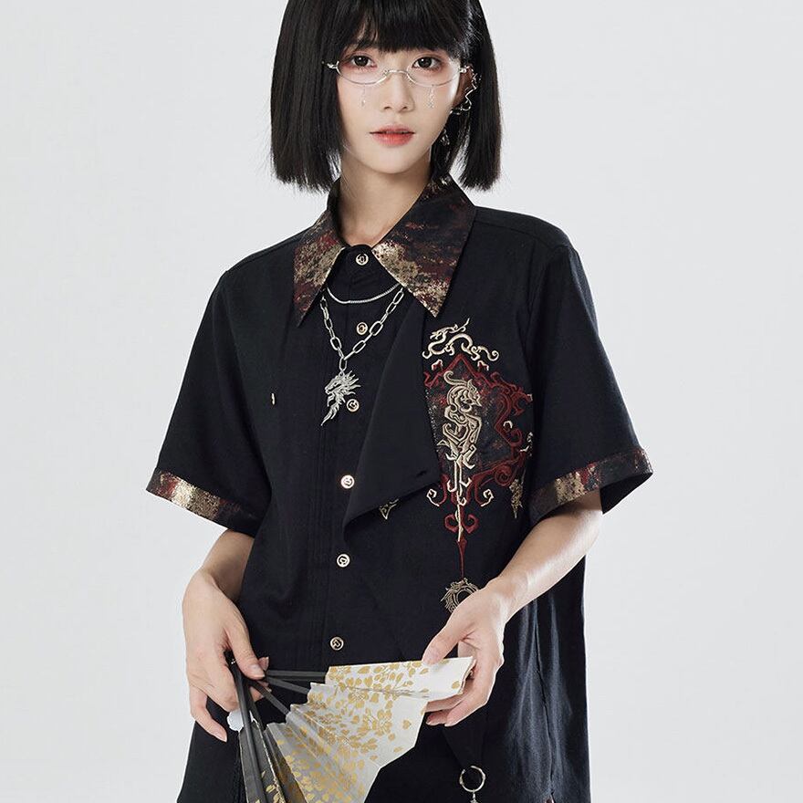 サブカル地雷系 アシンメトリーシャツ刺繍入りノージェンダー