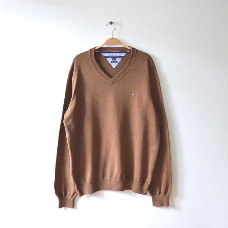 トミーヒルフィガー ピマコットン Vネック セーター メンズXL 茶色 TOMMY HILFIGER USA アメリカ古着 @CH0663