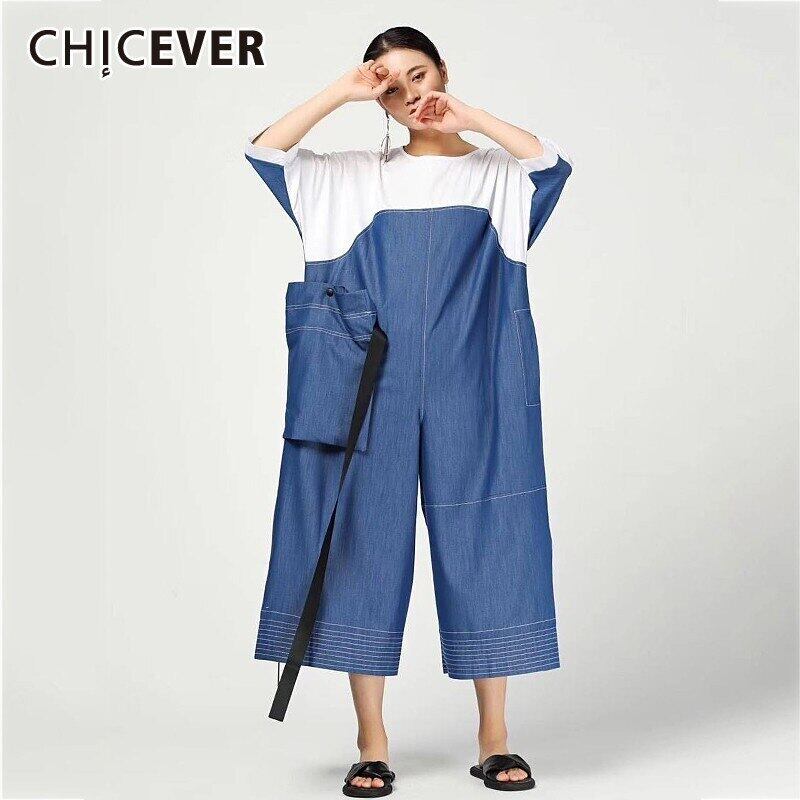 CHICEVERサマーヒットカラーレディースジャンプスーツOネック長袖パッチワークビッグポケットルーズアンクル丈パンツ2020 ロング 夏物 6base529122293688