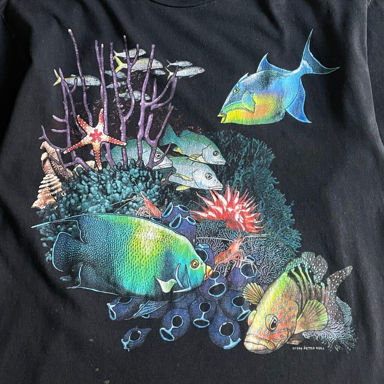 90年代 USA製 PETER KULL 魚 アート プリント Tシャツ メンズL 古着 90s ヴィンテージ ビンテージ アニマル フィッシュ  ブラック 黒 バックプリント【Ｔシャツ】【PS2307T】 | cave 古着屋【公式】古着通販サイト