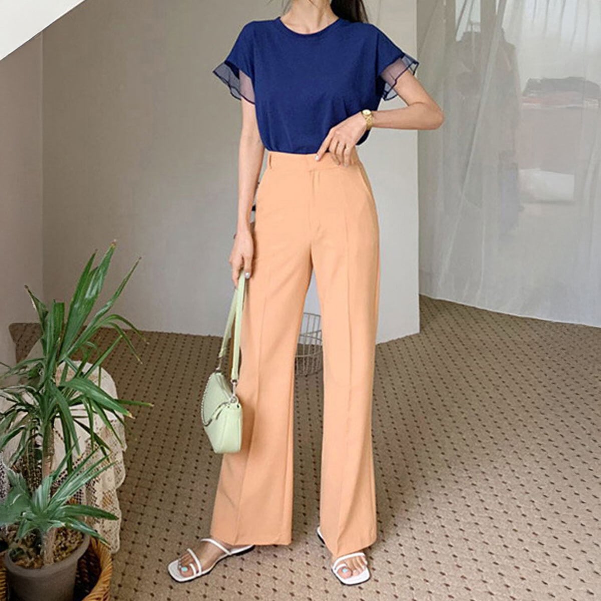 袖チュール Tシャツ レディース 春夏 韓国 きれいめ 大人 かわいい おしゃれ シンプル カジュアル フェミニン 半袖 無地 トップス 大人可愛い 大人女子