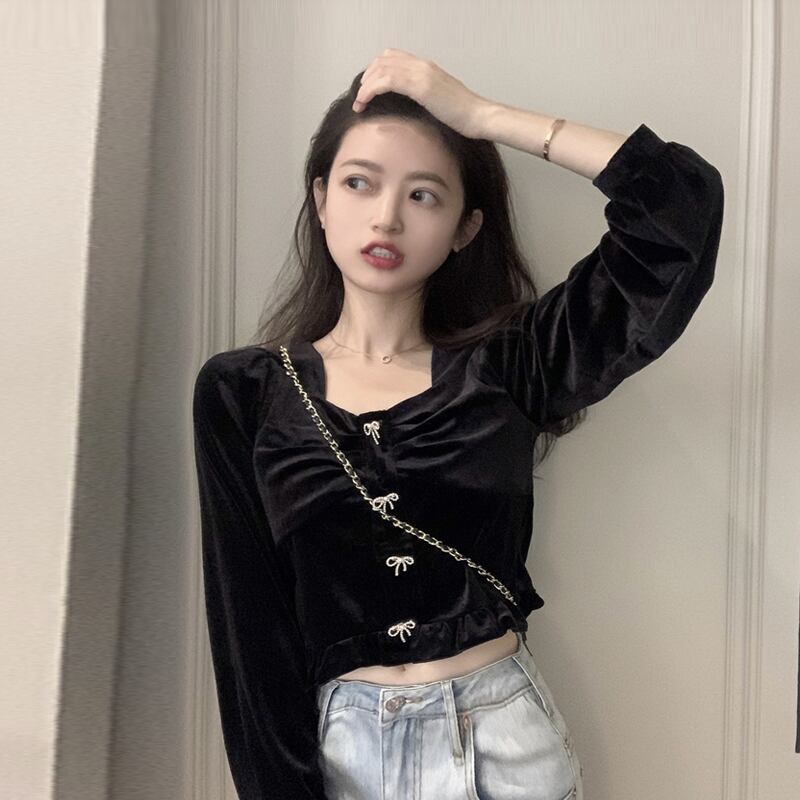 ブラックベルベットスリーブシャツ レディーススプリングリボンショートトップス ロング 春物 スーパーモール39735292302