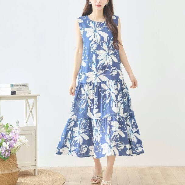 TRUBE ロングワンピース ノースリーブ ビッグフラワー コットン 花柄 レディース 夏 N83-353 ネイビー M L fmsd ゆったり 体型カバー 大人カジュアル きれいめ 上品 ミセス 春夏 リゾート