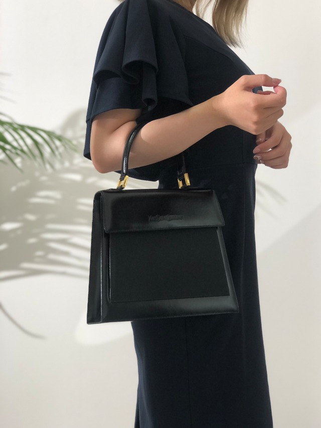 Yves Saint Laurent  イヴ・サンローラン  レザー ナイロン キャンバス トップハンドル ハンドバッグ ブラック  vintage ヴィンテージ オールド w3hmrm
