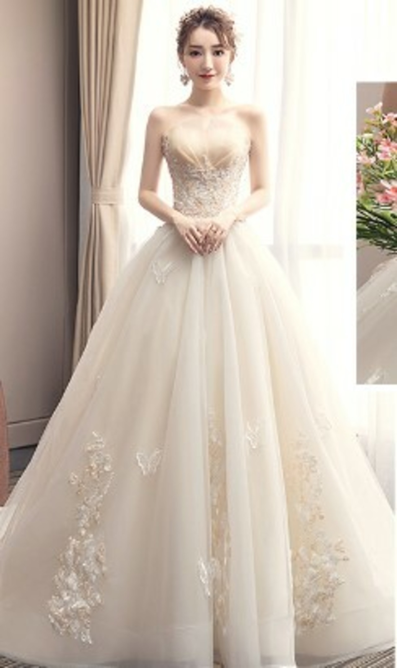 シャンパン色 上質オーガンジー ミニトレーン/短トレーン ベアトップ  