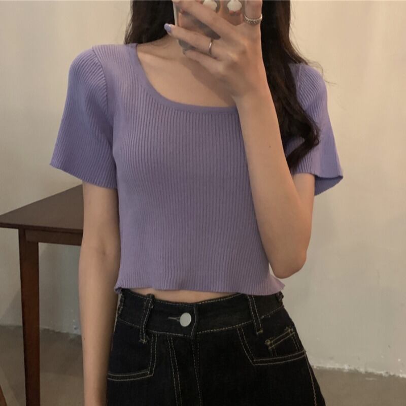 サマースタイルショートスリムニットセーター クロップトップ トップス レディース 夏物 スクウェア ハンチェンe87621614946