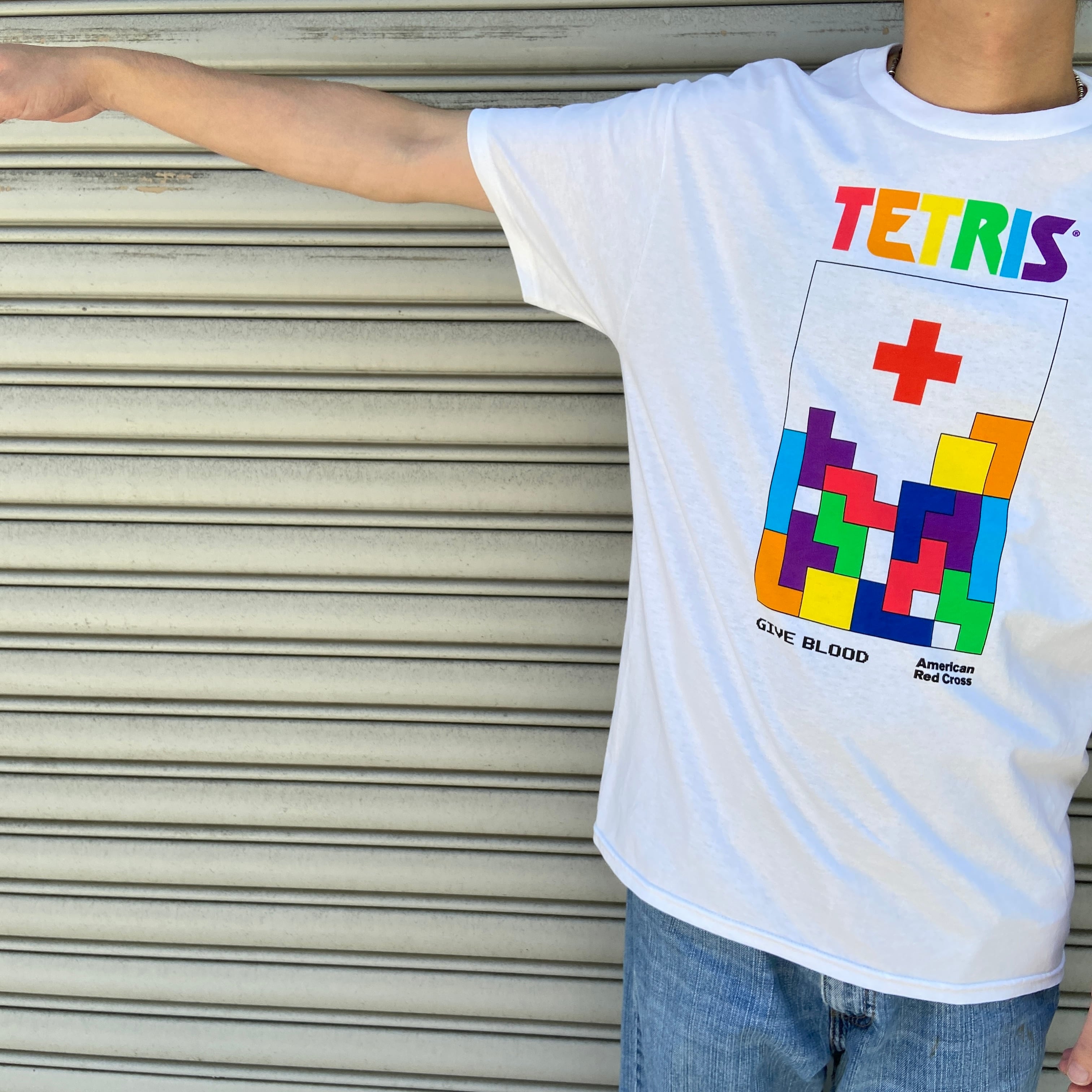 アメリカ赤十字 レッドクロス テトリス プリントTシャツ ホワイト M